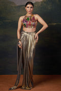 Tara – Gold Backless Halter Neck Hand-Embroidered Blouse With Draped Dhoti