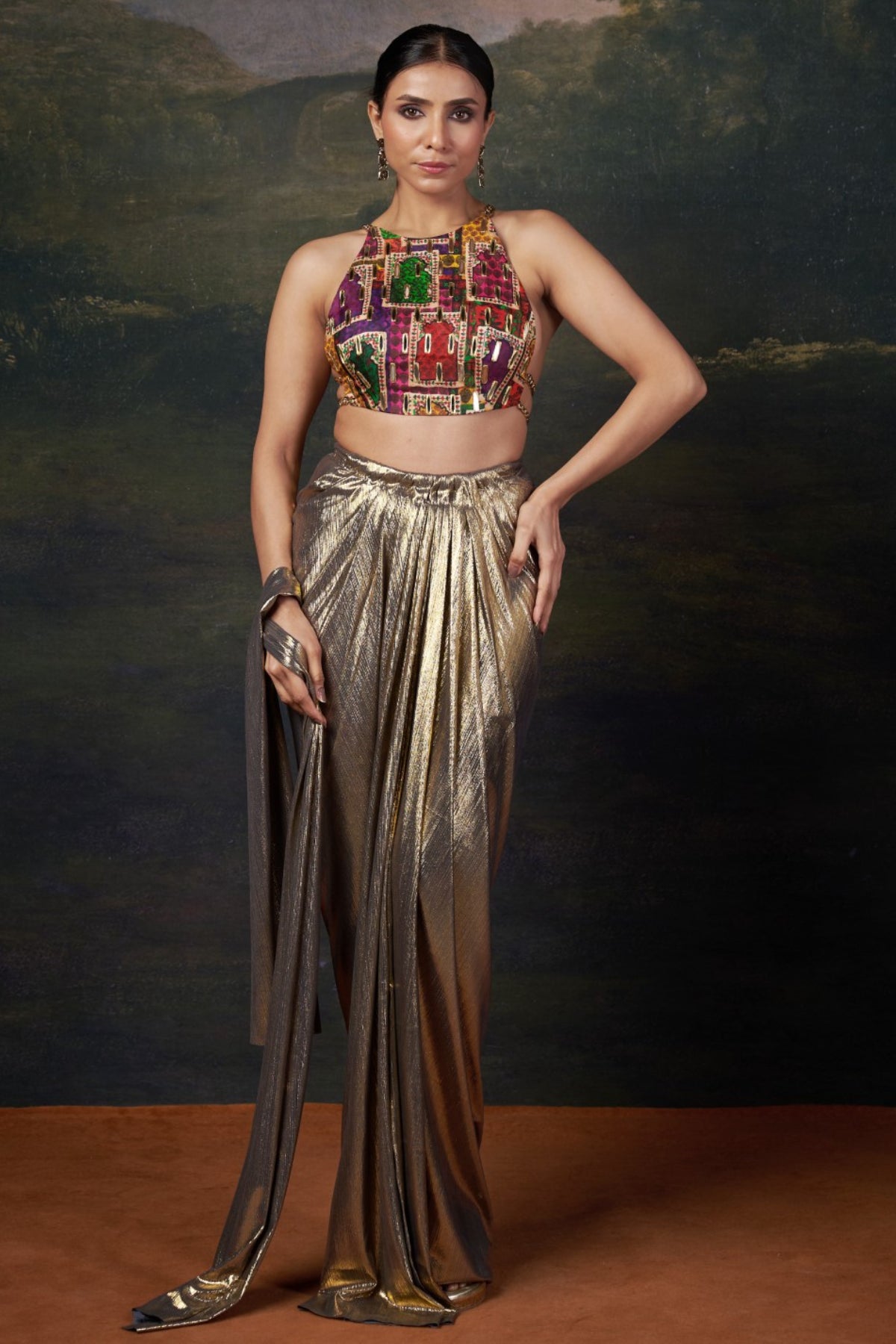 Tara – Gold Backless Halter Neck Hand-Embroidered Blouse With Draped Dhoti