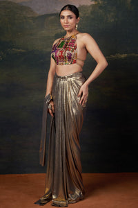 Tara – Gold Backless Halter Neck Hand-Embroidered Blouse With Draped Dhoti