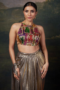 Tara – Gold Backless Halter Neck Hand-Embroidered Blouse With Draped Dhoti