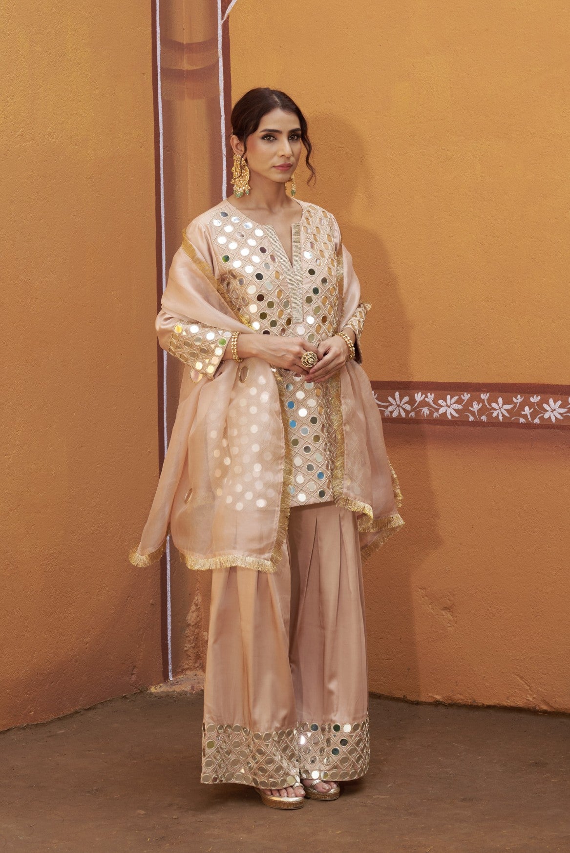 Fully hand embroidered short cris cross kurta with pleated pants