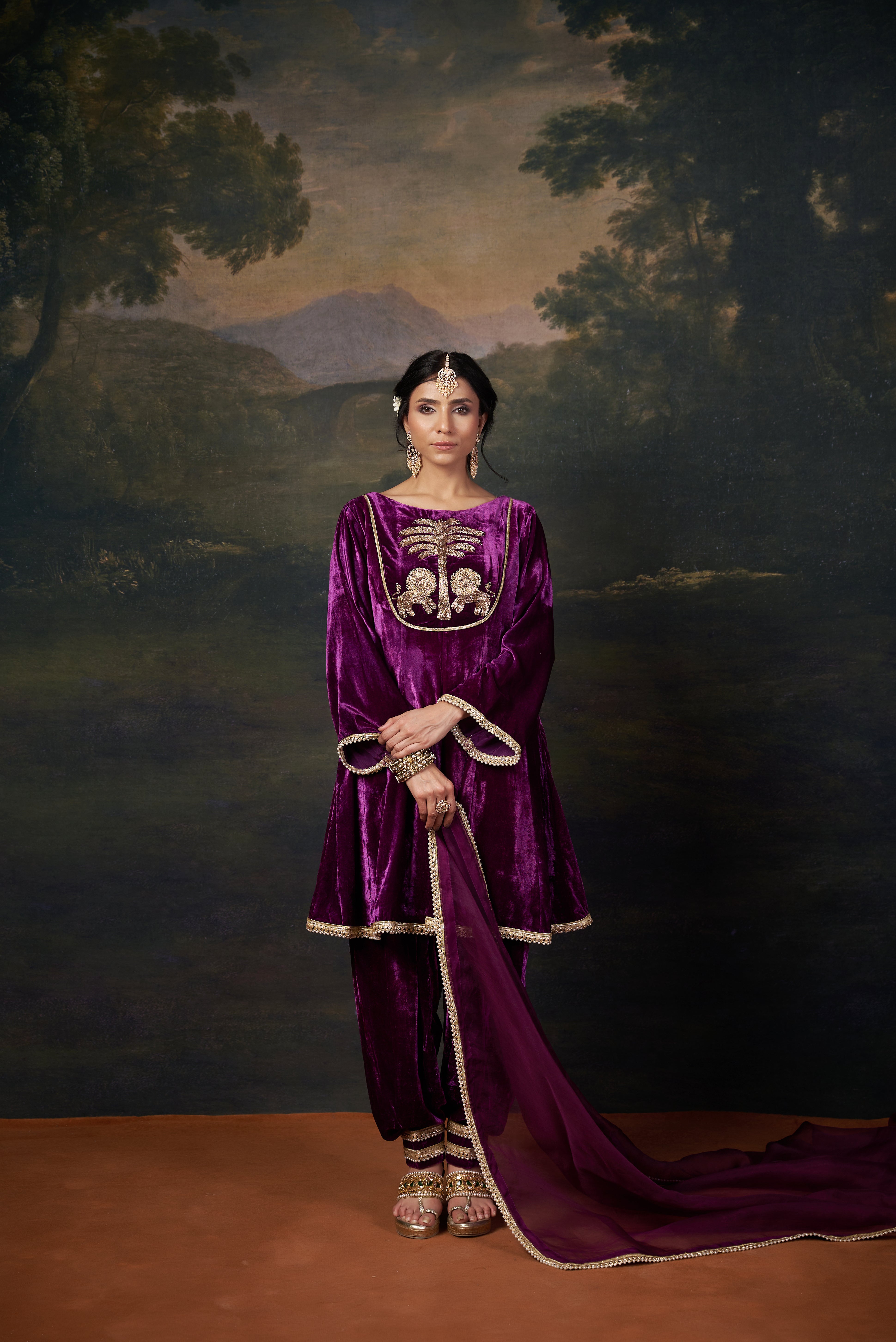 Hand-Embroidered Velvet Purple Kalidar Anarkali Set