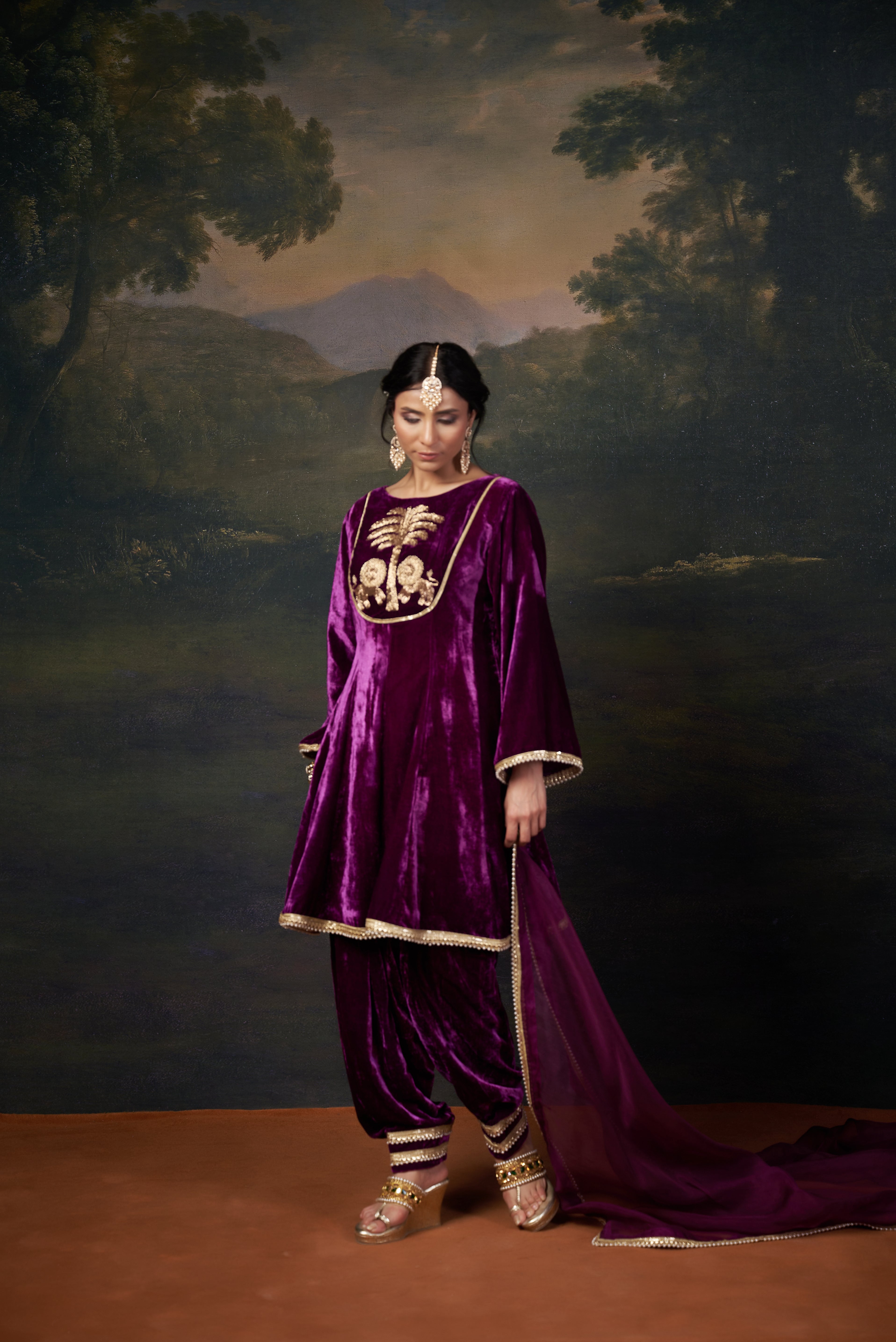 Hand-Embroidered Velvet Purple Kalidar Anarkali Set