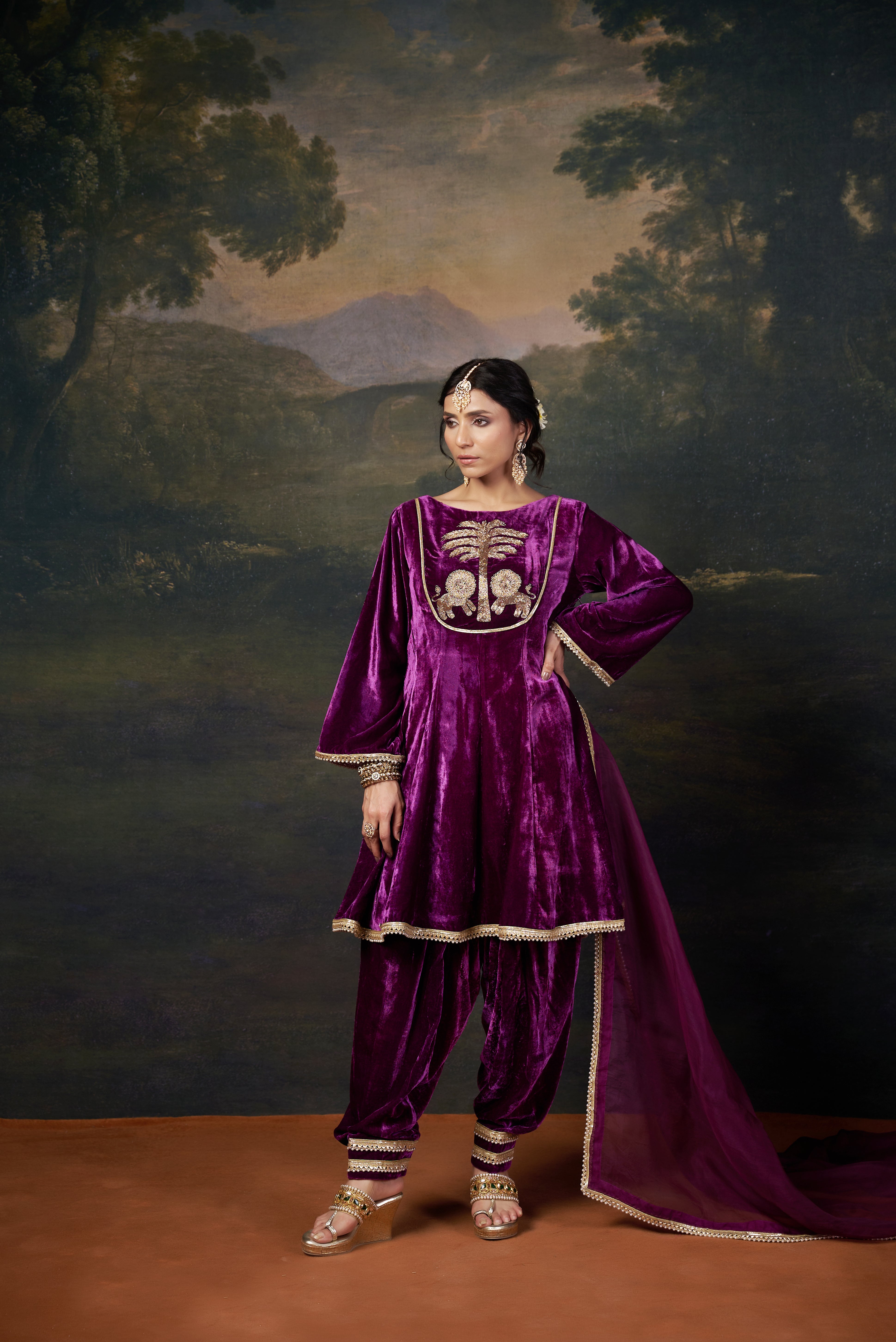Hand-Embroidered Velvet Purple Kalidar Anarkali Set