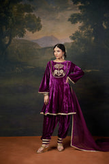 Hand-Embroidered Velvet Purple Kalidar Anarkali Set