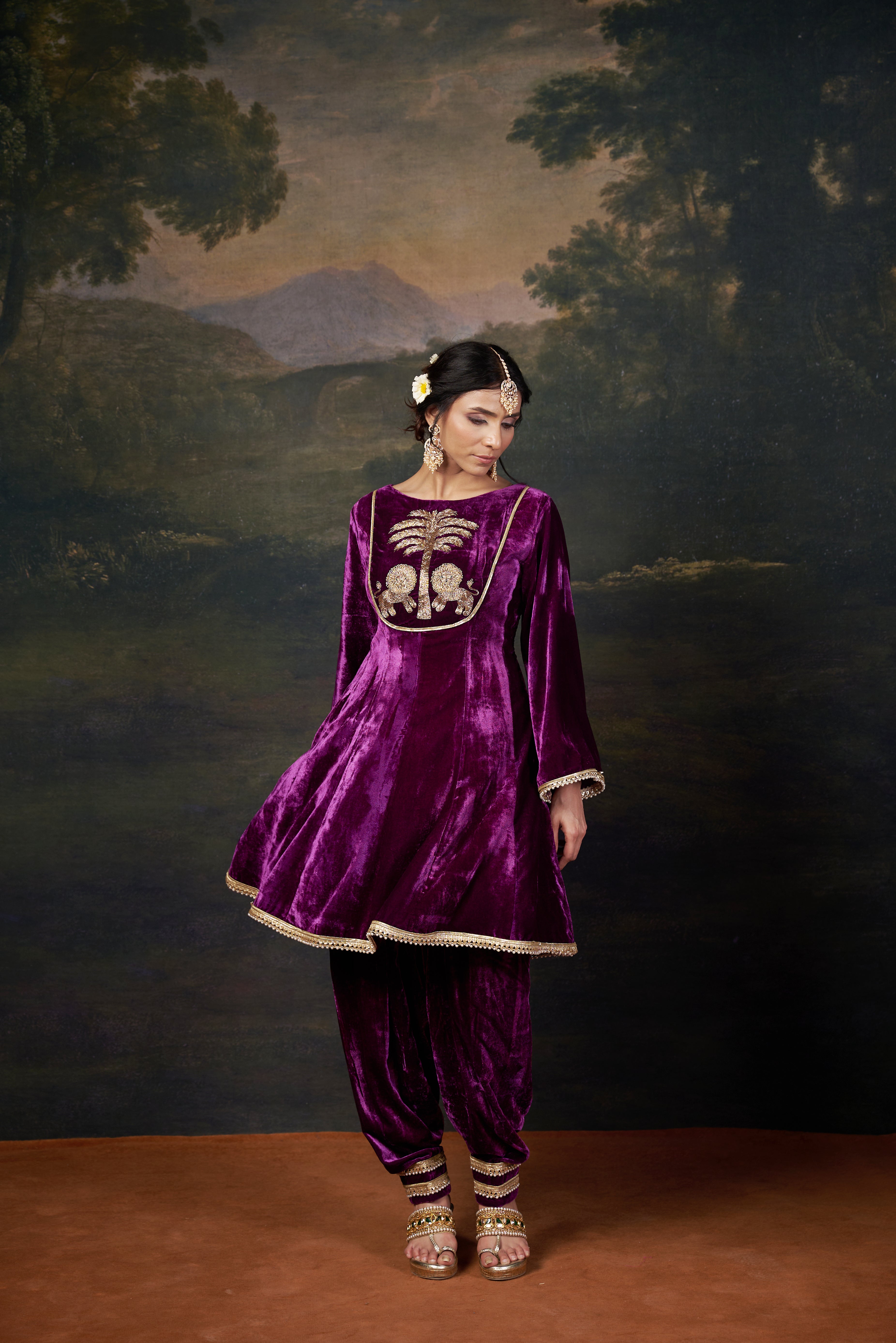 Hand-Embroidered Velvet Purple Kalidar Anarkali Set