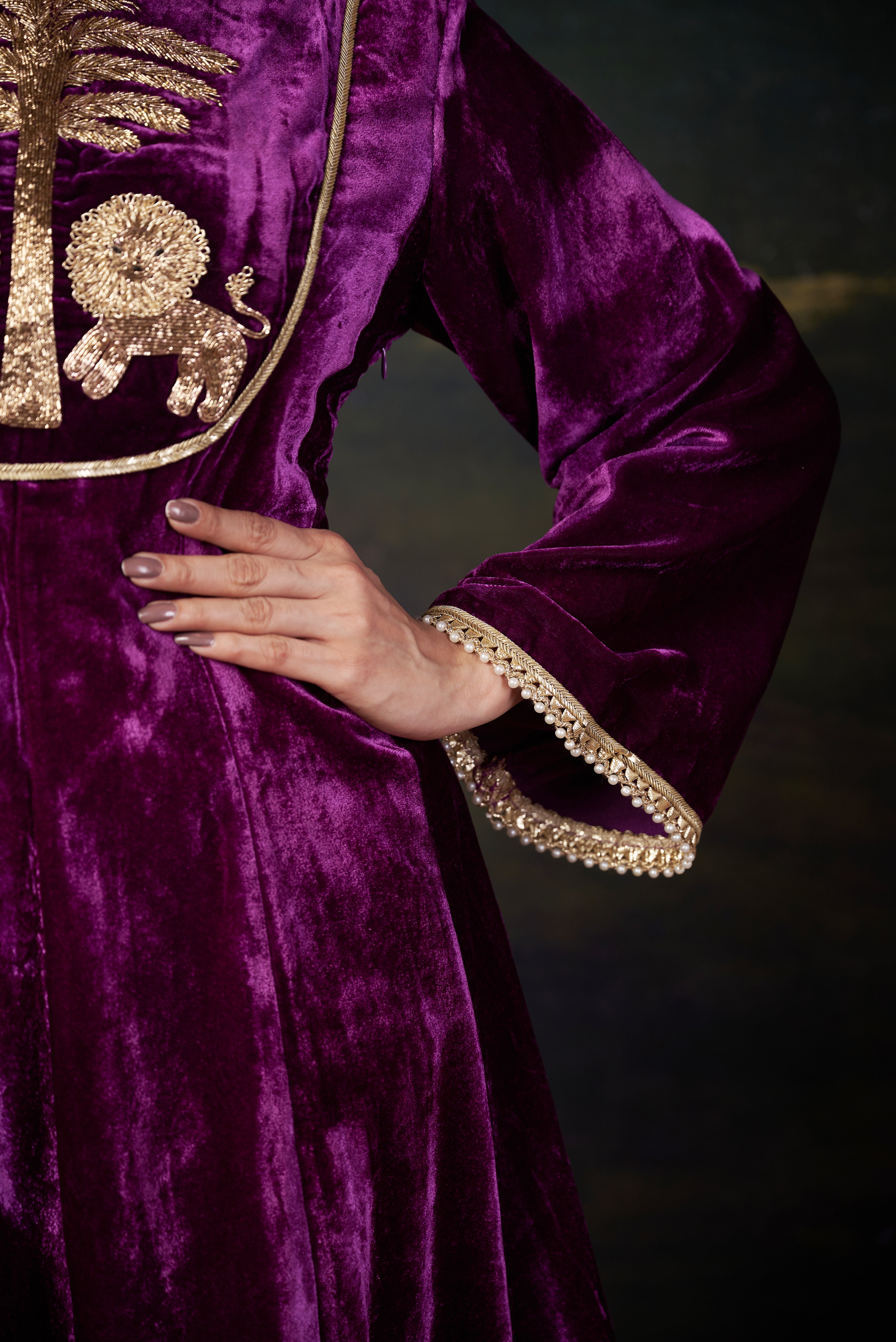 Hand-Embroidered Velvet Purple Kalidar Anarkali Set