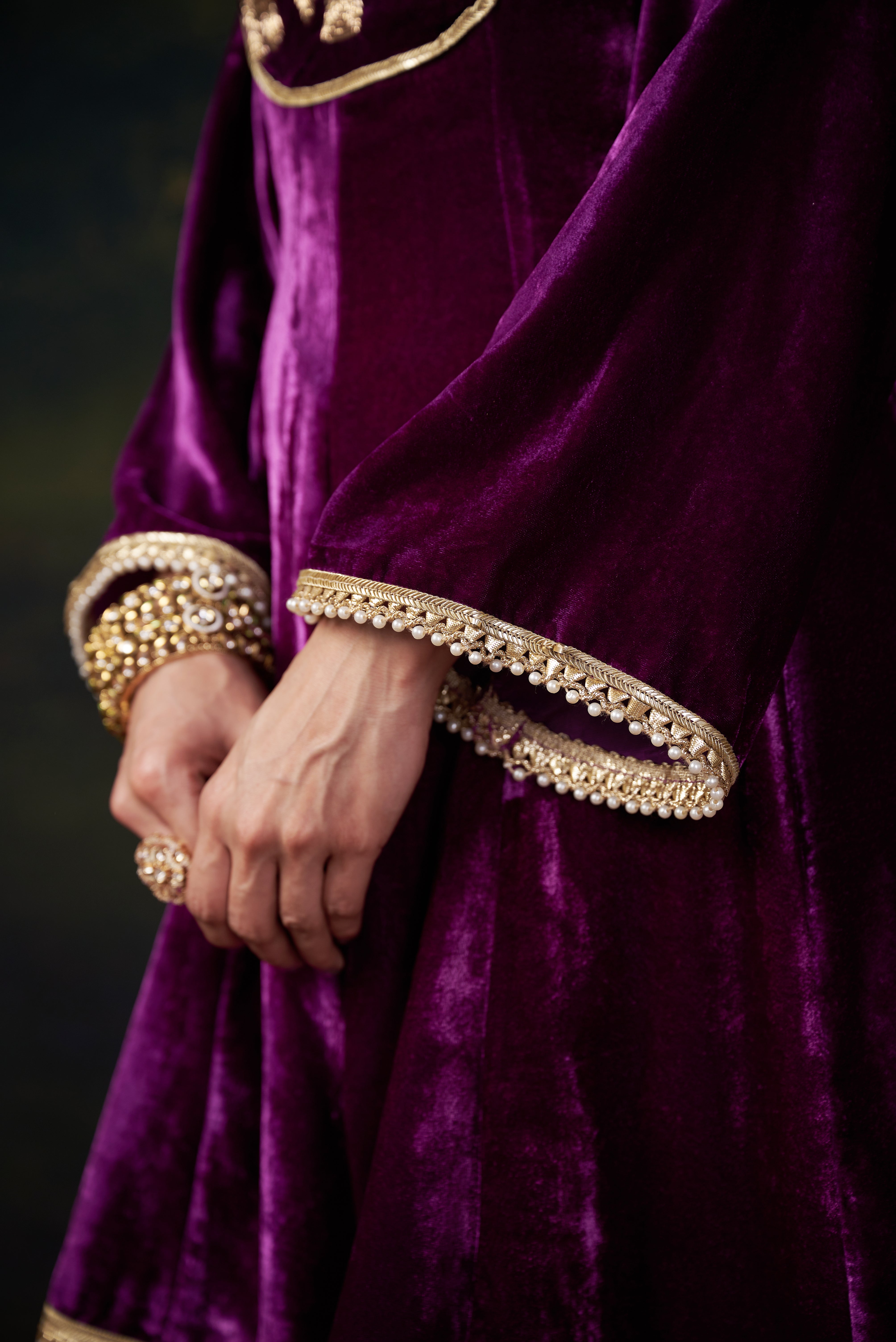 Hand-Embroidered Velvet Purple Kalidar Anarkali Set