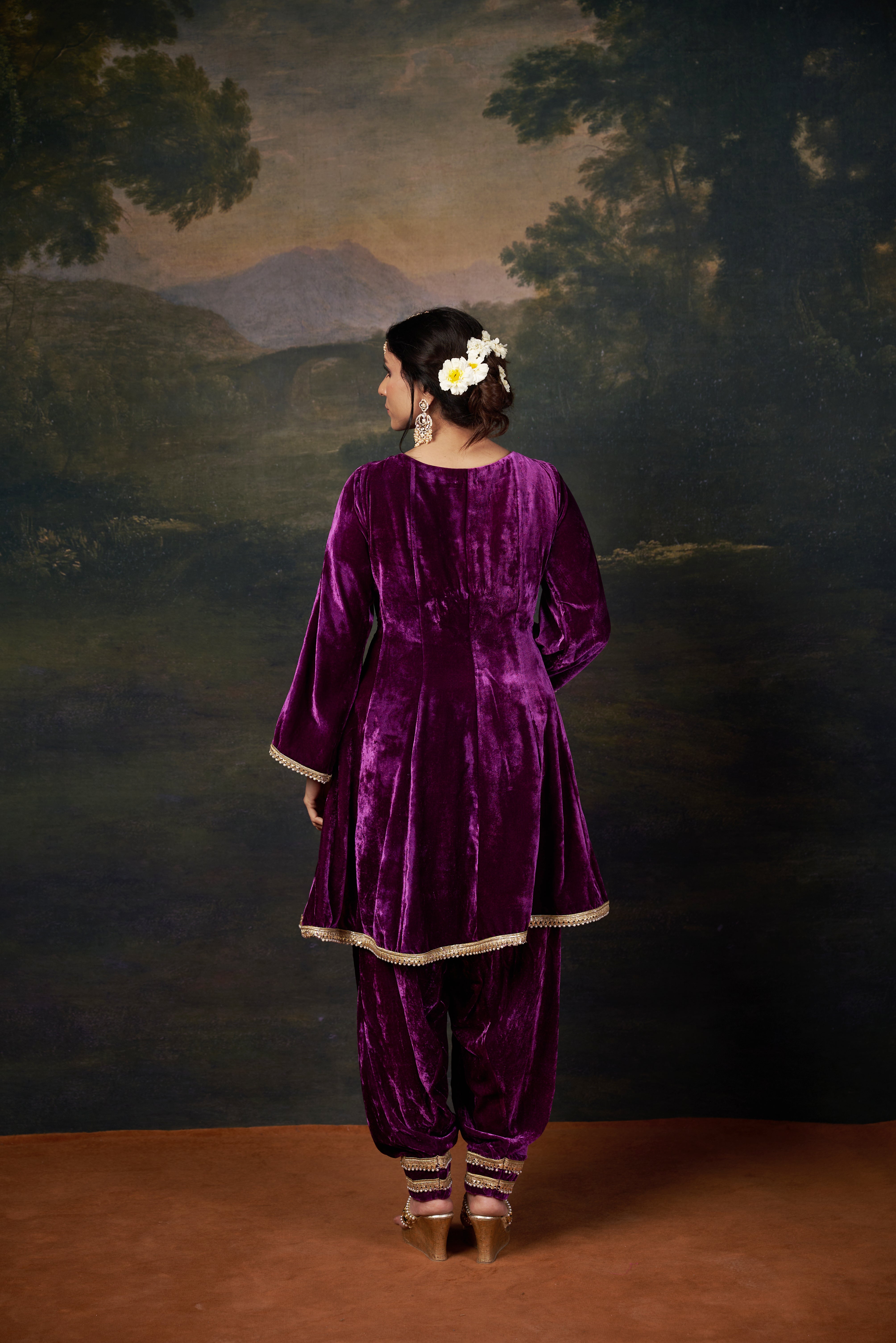 Hand-Embroidered Velvet Purple Kalidar Anarkali Set