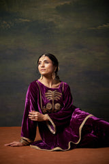 Hand-Embroidered Velvet Purple Kalidar Anarkali Set