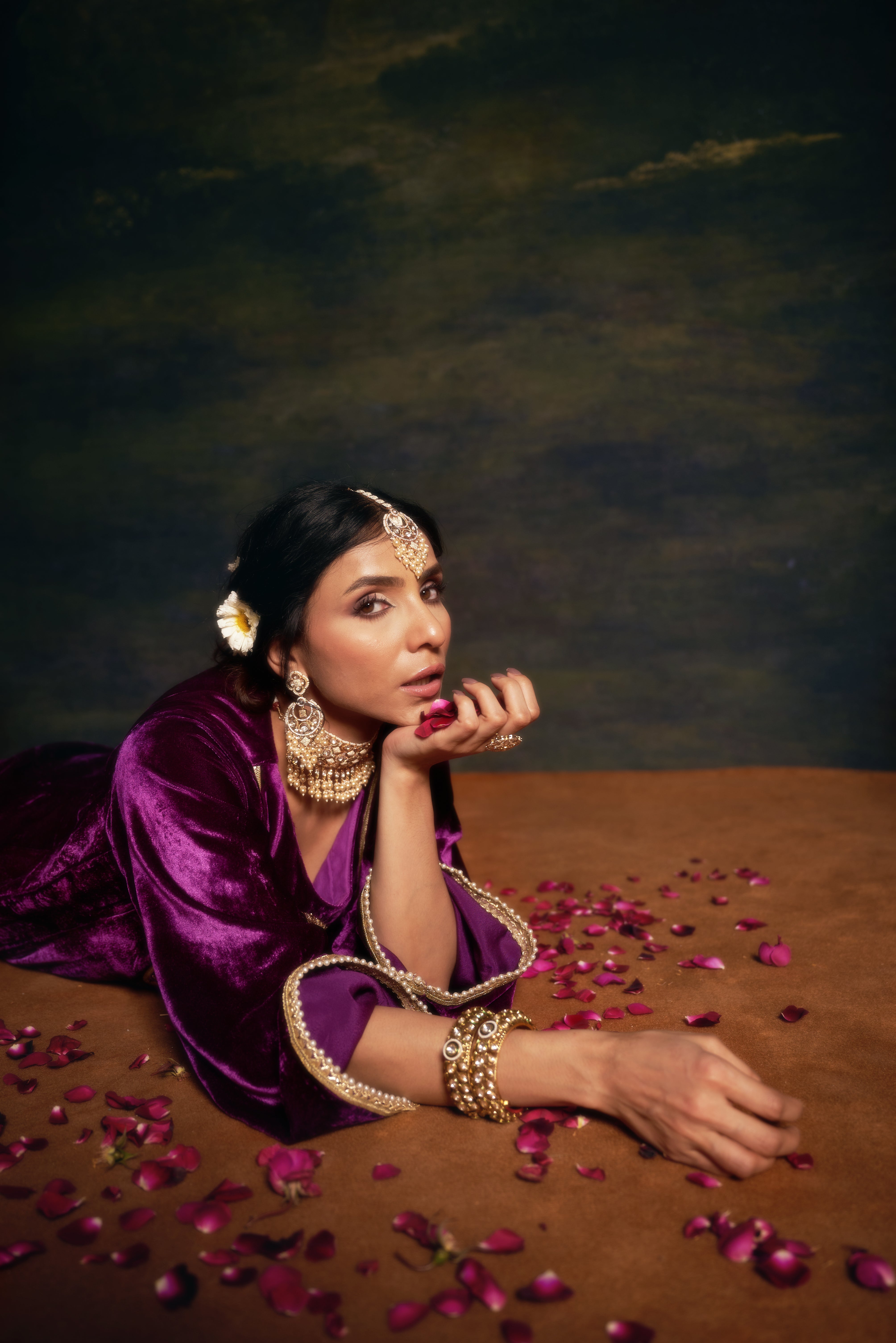 Hand-Embroidered Velvet Purple Kalidar Anarkali Set