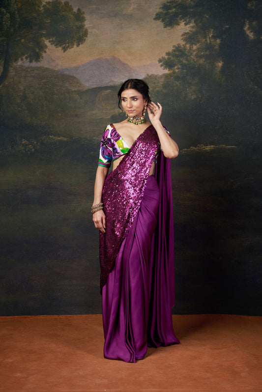 Hand embroidered blouse with signature abstract big flower print saree