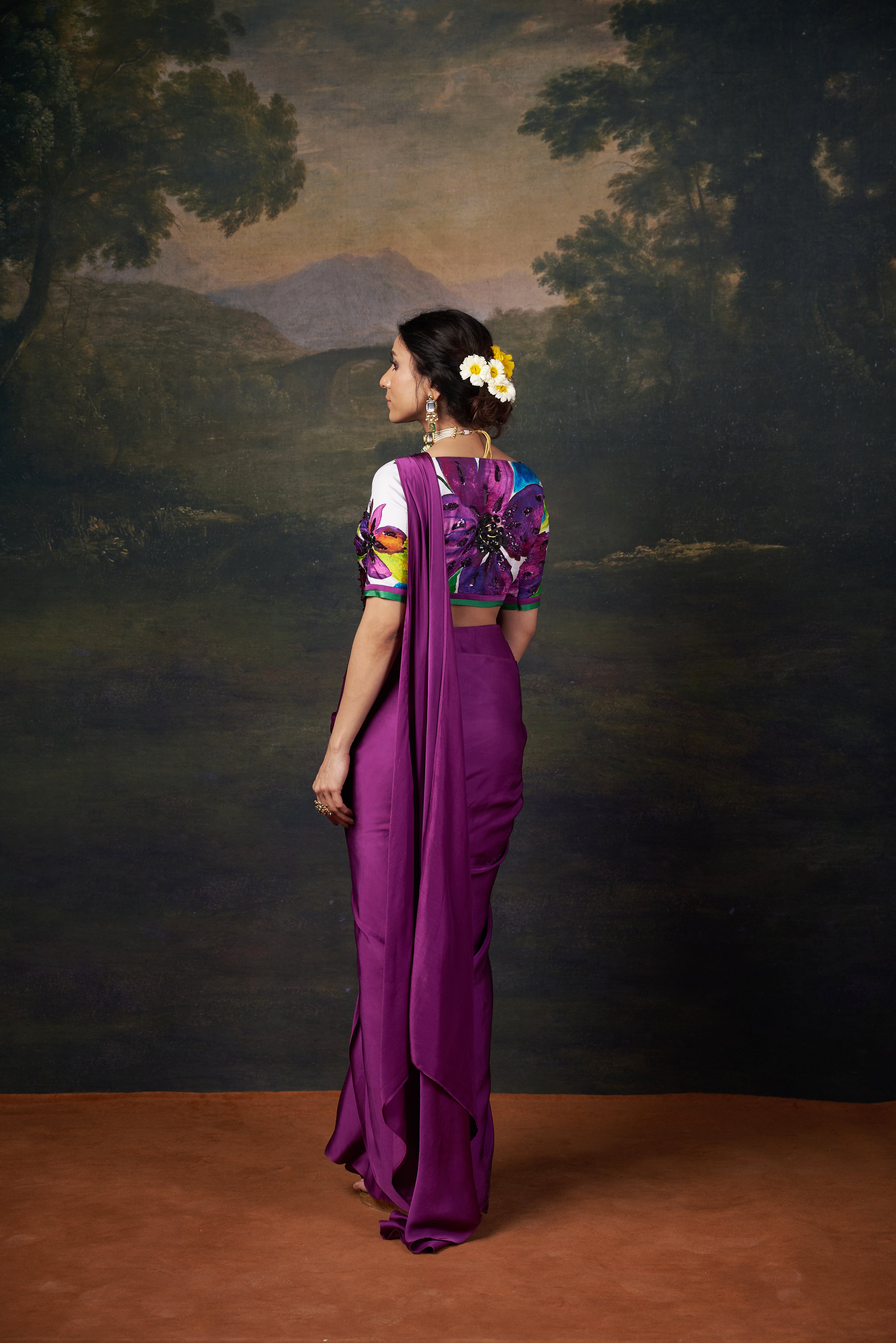 Hand embroidered blouse with signature abstract big flower print saree