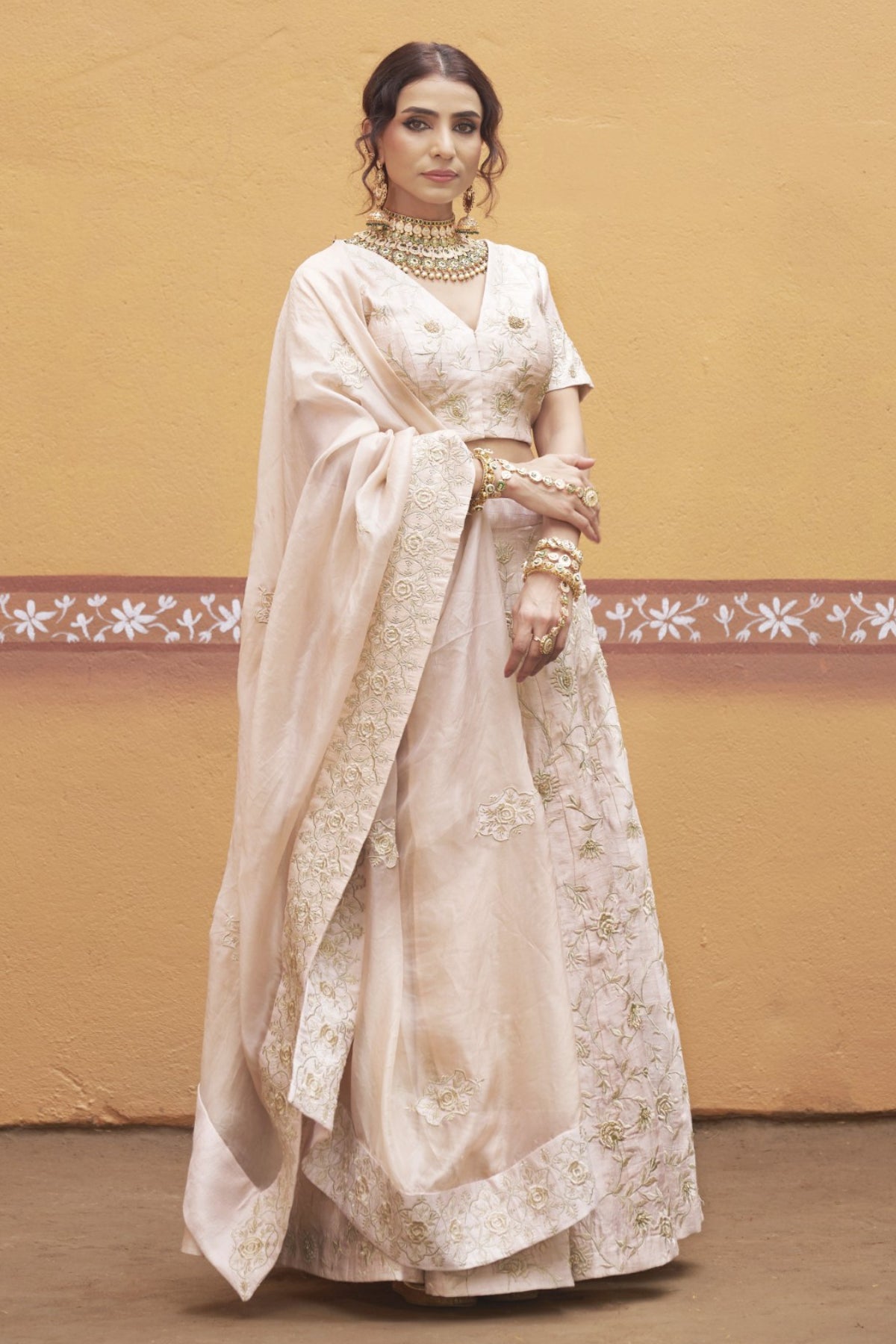 Vasundhara - Ivory Gold Jaal Work Fully Embroidered Lehenga Set