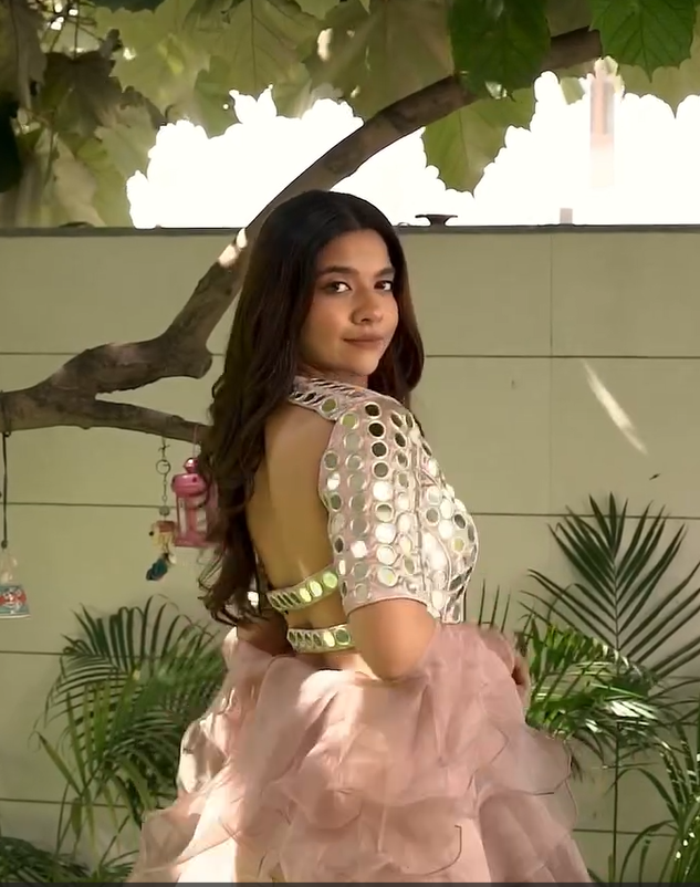 Influencer Vidhi Prajapati in our ruffle dupatta hand embroidered blouse lehenga set