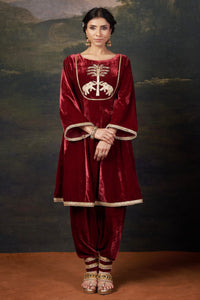 Vrinda - Red Hand-Embroidered Velvet Kalidar Anarkali Set
