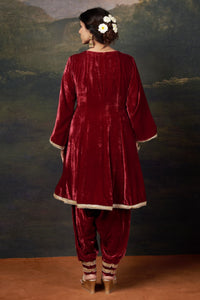 Vrinda - Red Hand-Embroidered Velvet Kalidar Anarkali Set