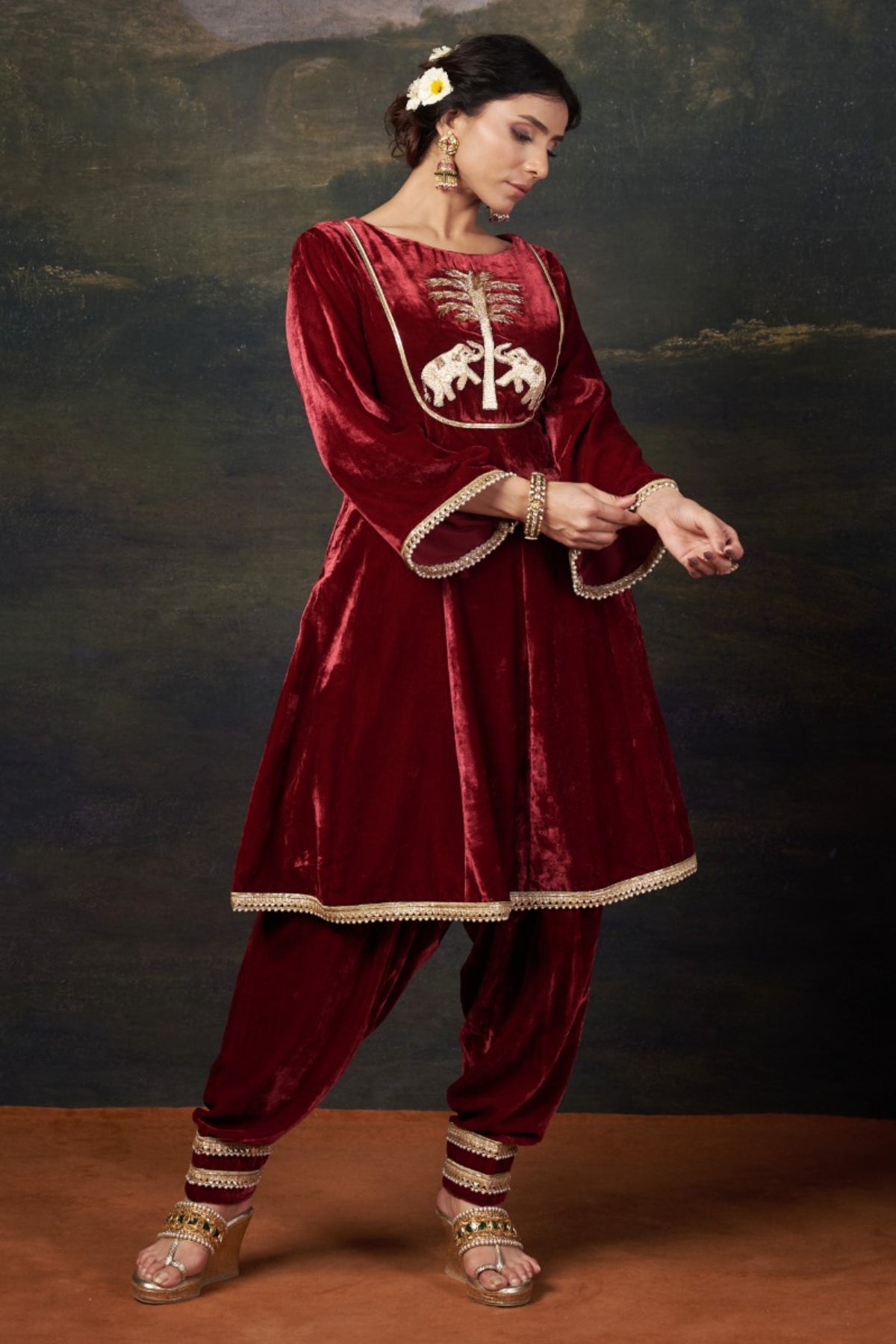 Vrinda - Red Hand-Embroidered Velvet Kalidar Anarkali Set