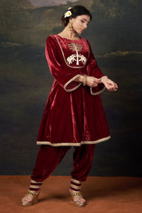 Vrinda - Red Hand-Embroidered Velvet Kalidar Anarkali Set