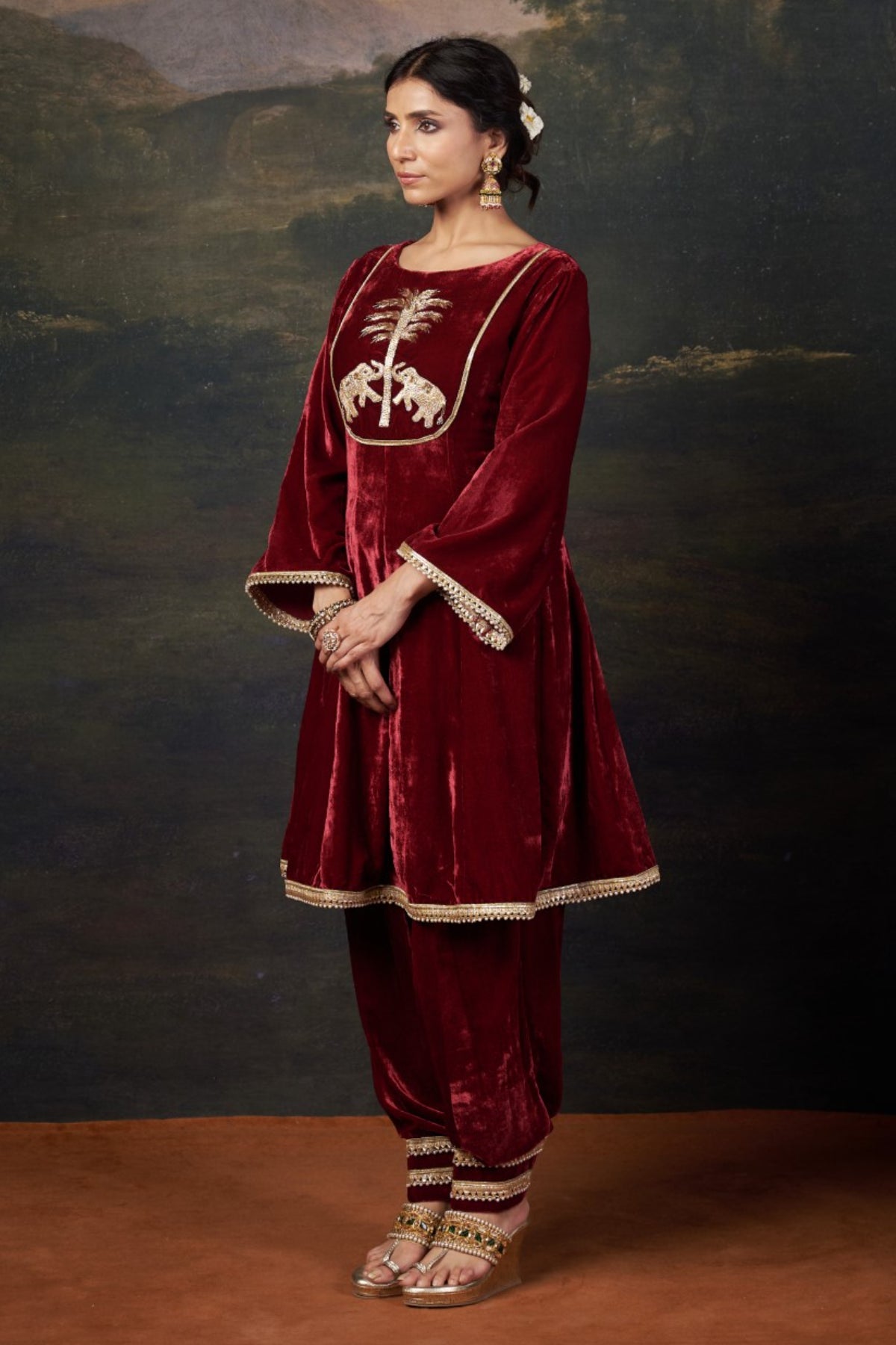 Vrinda - Red Hand-Embroidered Velvet Kalidar Anarkali Set