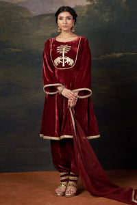 Vrinda - Red Hand-Embroidered Velvet Kalidar Anarkali Set
