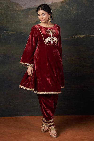 Vrinda - Red Hand-Embroidered Velvet Kalidar Anarkali Set