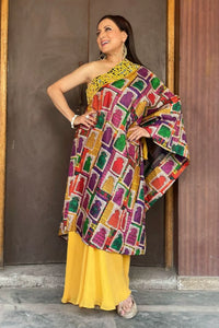 Kishori Shahane in the Hand-Embroidered Yellow Off-Shoulder Mirror Work Kurta with Sharara