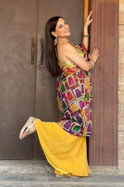 Kishori Shahane in the Hand-Embroidered Yellow Off-Shoulder Mirror Work Kurta with Sharara (Copy)