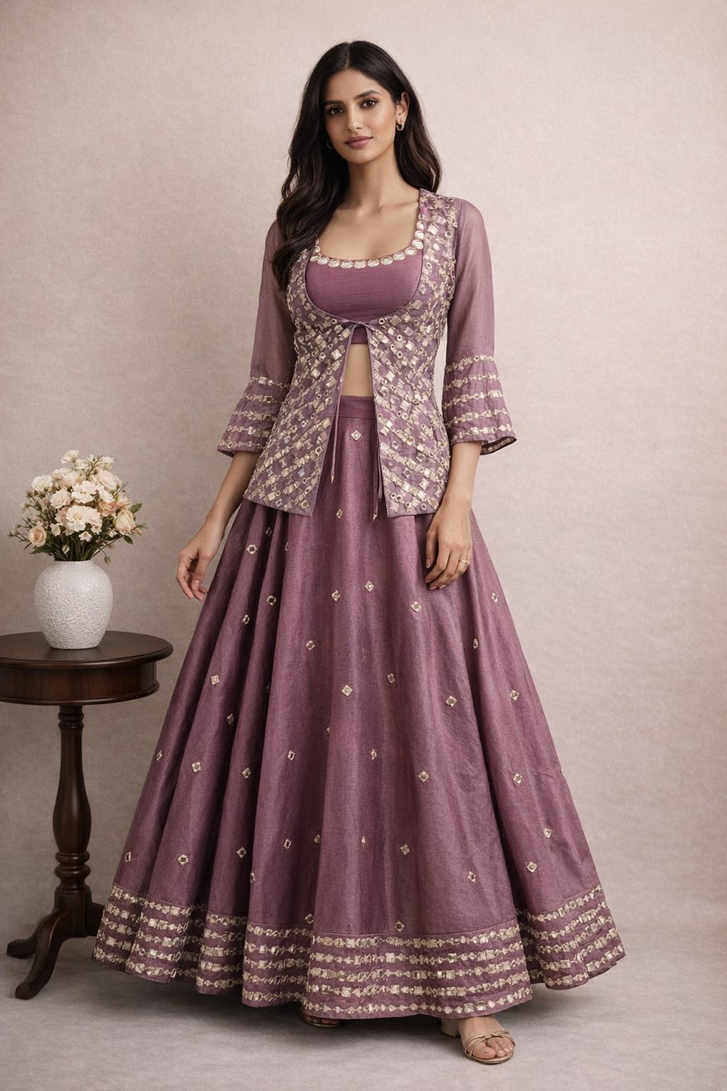 Wine Hand-Embroidered Jacket Lehenga Set