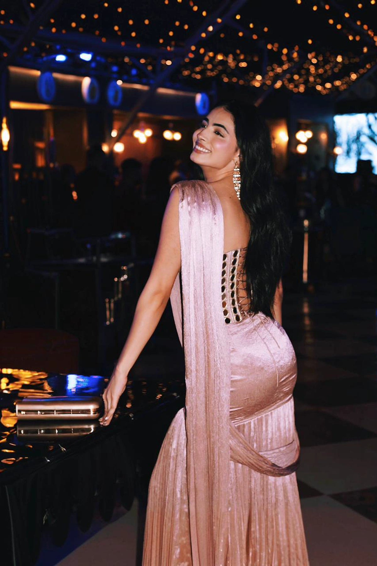 Parleen Kaur in the  Blush Pink Mirror Work Hand-Embroidered Corset Blouse with Lehenga Saree