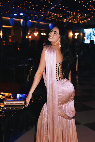 Parleen Kaur in the  Blush Pink Mirror Work Hand-Embroidered Corset Blouse with Lehenga Saree (Copy)