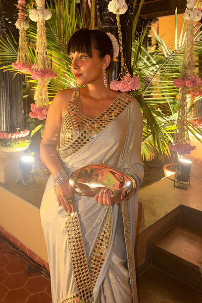 Ayushi Tyagi in the Blue Hand-Embroidered Mirror Work Border Saree