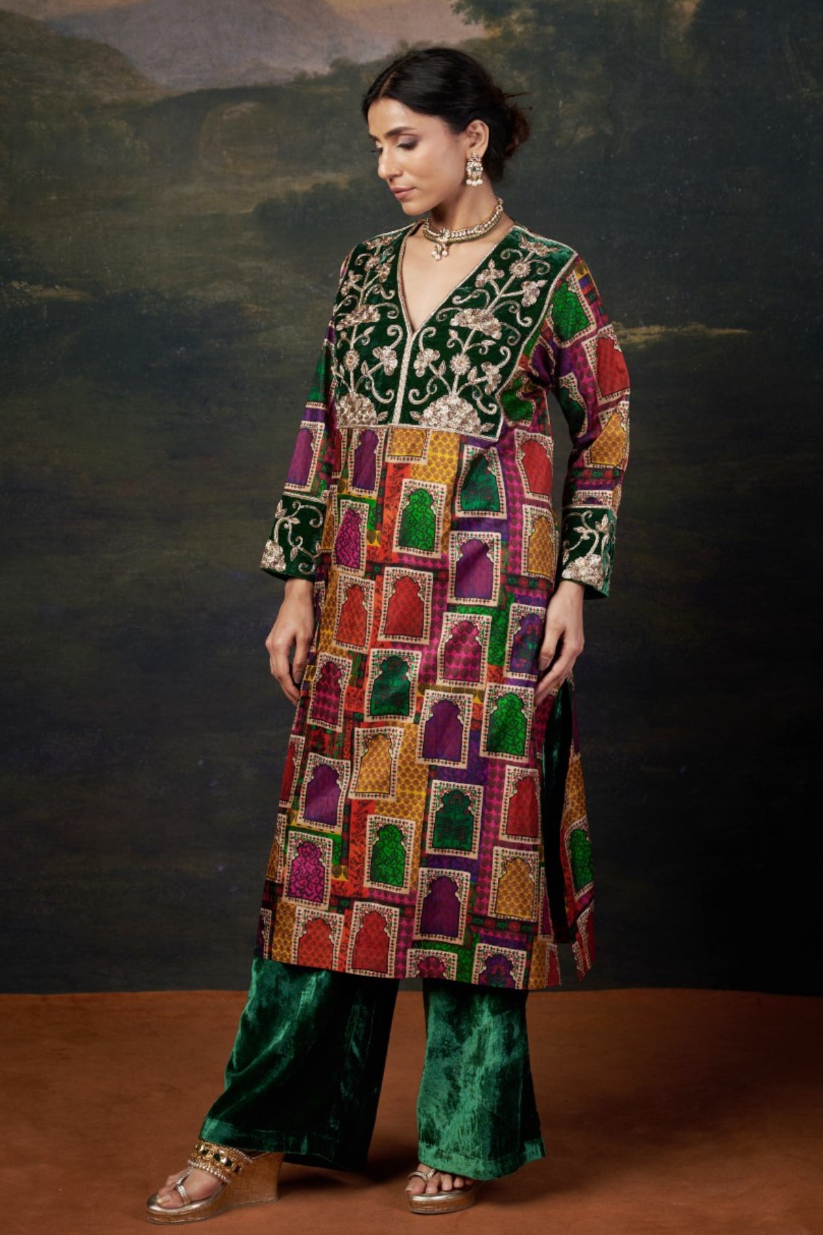 Haritha Hand-Embroidered Jharoka Print Green Kurta Set