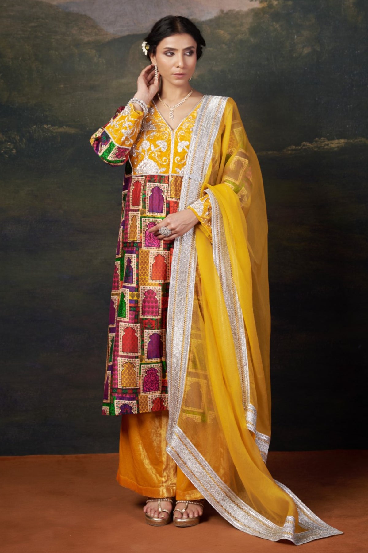 Peehu Hand-Embroidered Jharoka Print Yellow Kurta Set