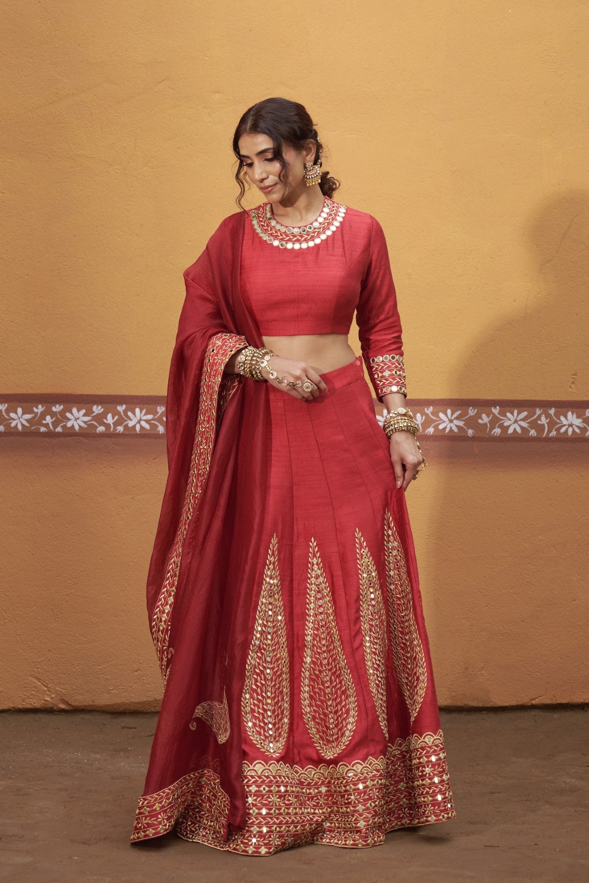 Kalidar red hand embroidered lehenga with blouse and dupatta image 6