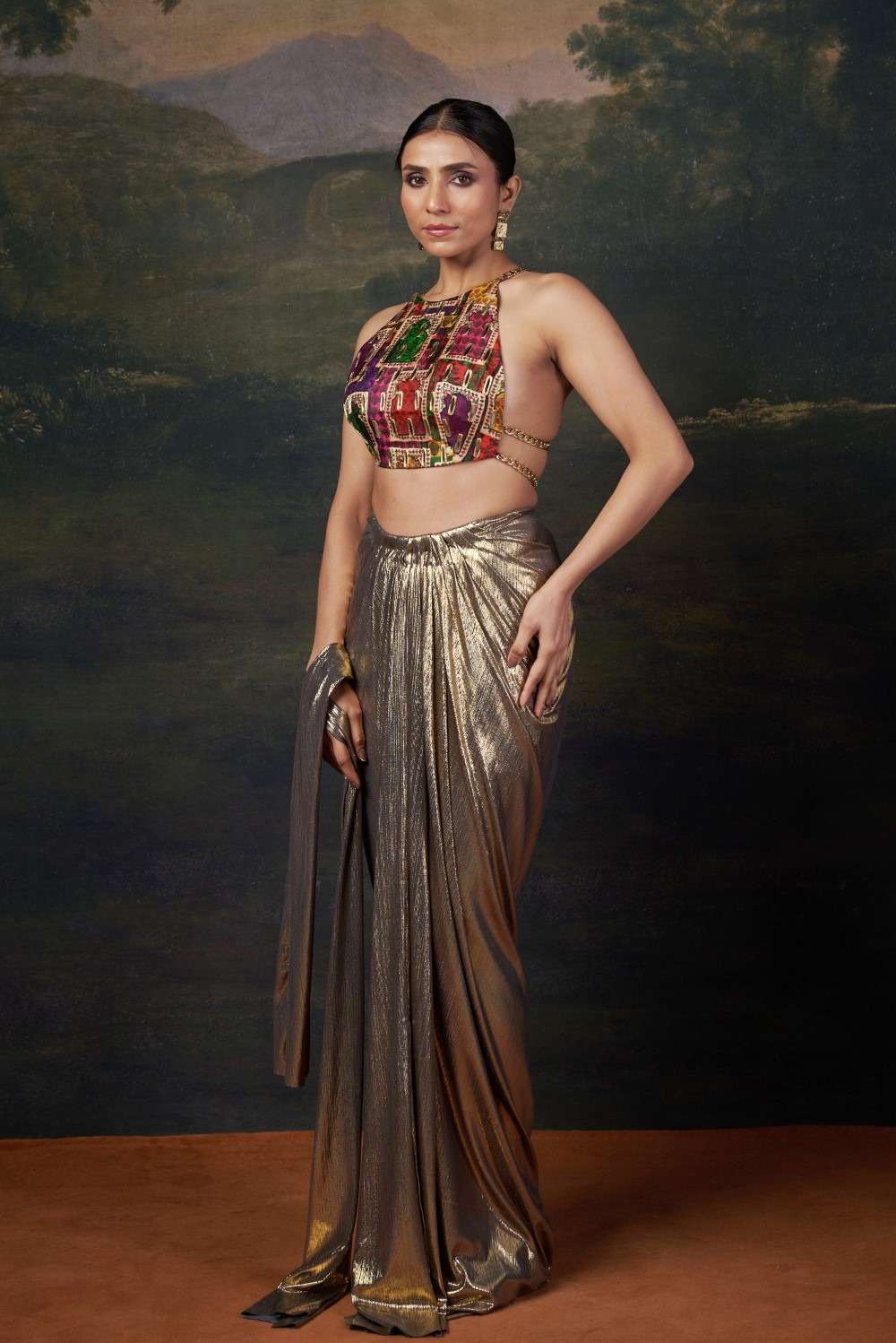 Backless Halter Neck Hand-Embroidered Blouse with Draped Dhoti image 3