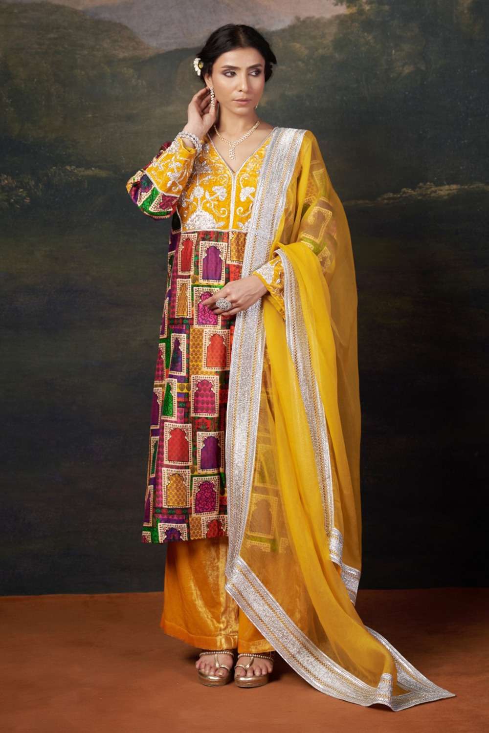 Hand-Embroidered Jharoka Print Yellow Kurta Set image 0
