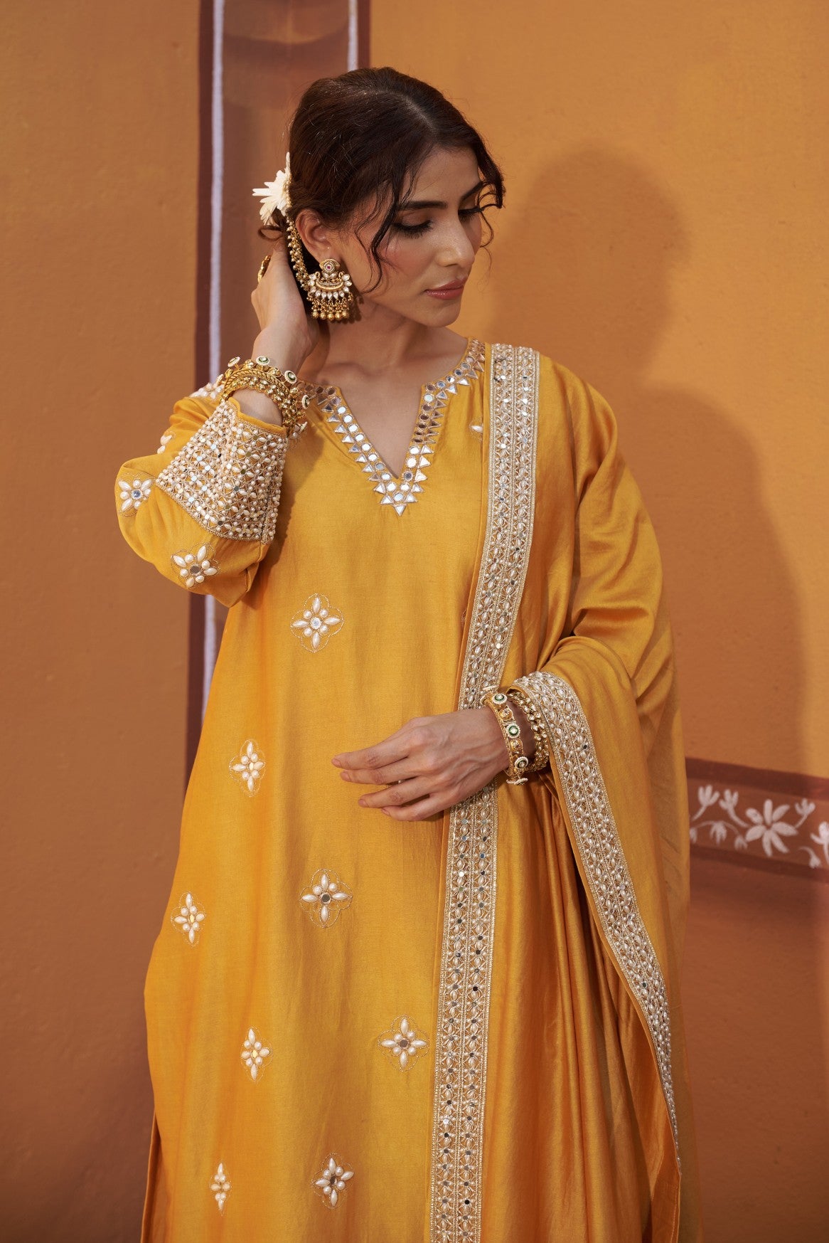 Golden yellow hand embroidered mirror work kurta set image 3