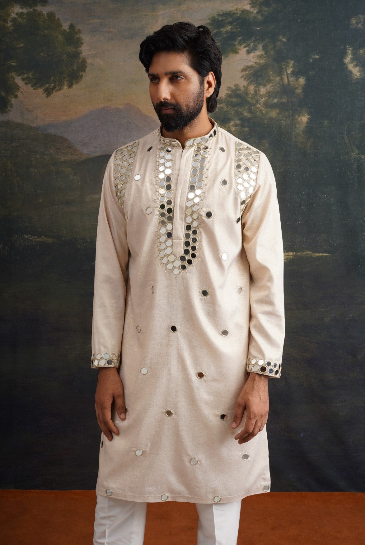 Ivory gold hand embroidred round mirror work kurta set image 0