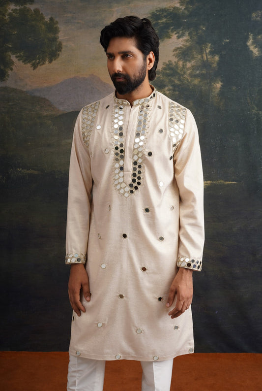 Ivory gold hand embroidred round mirror work kurta set image 0