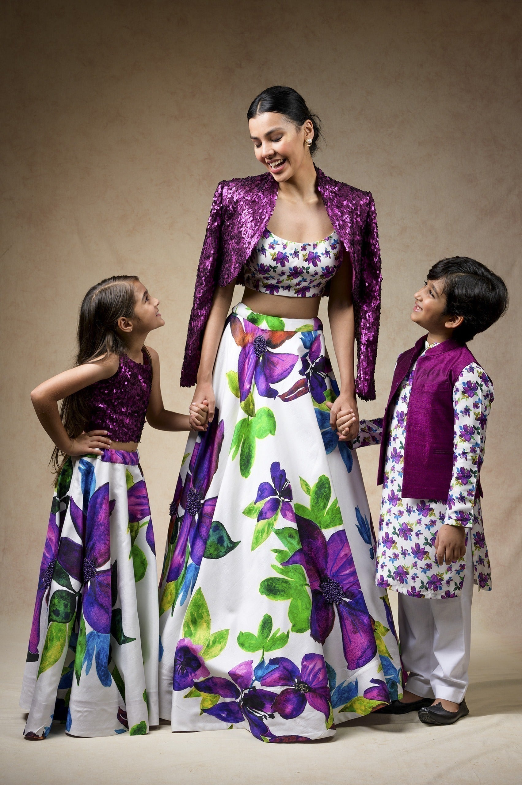 Hand Embroidered silk twinning set for Mom + Daughter + Son image 0