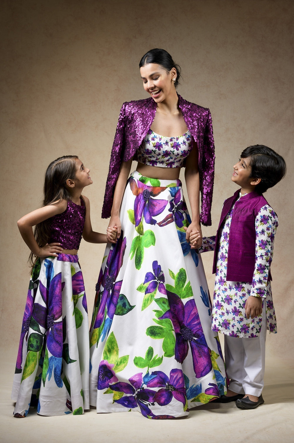 Hand Embroidered silk twinning set for Mom + Daughter + Son image 0