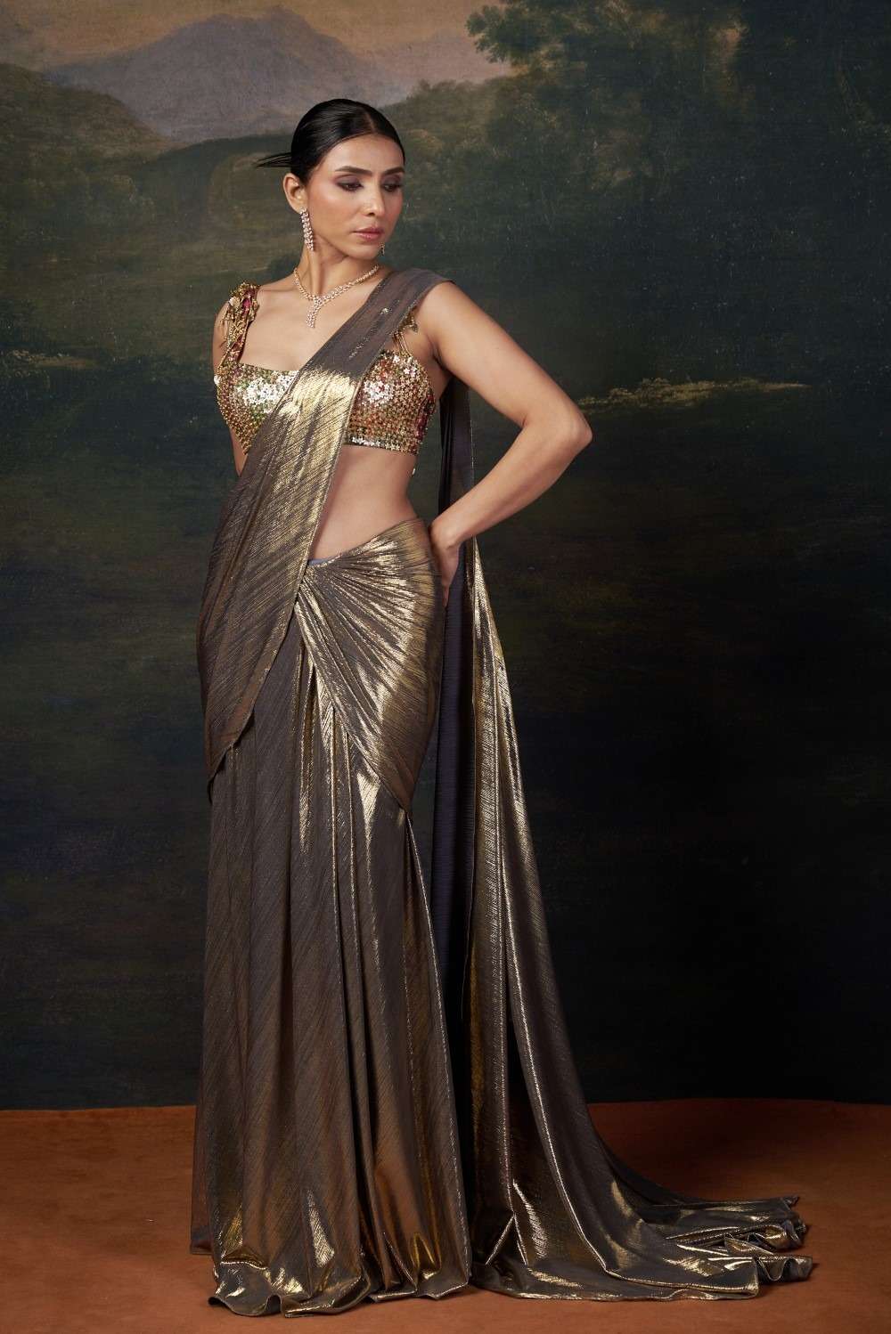 Heavy Hand-Embroidered Blouse with Pre-Draped Gold Saree image 3