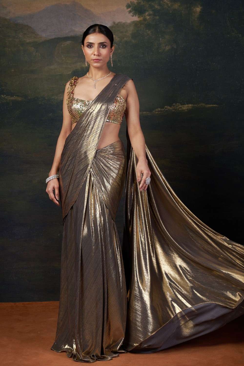 Heavy Hand-Embroidered Blouse with Pre-Draped Gold Saree image 0