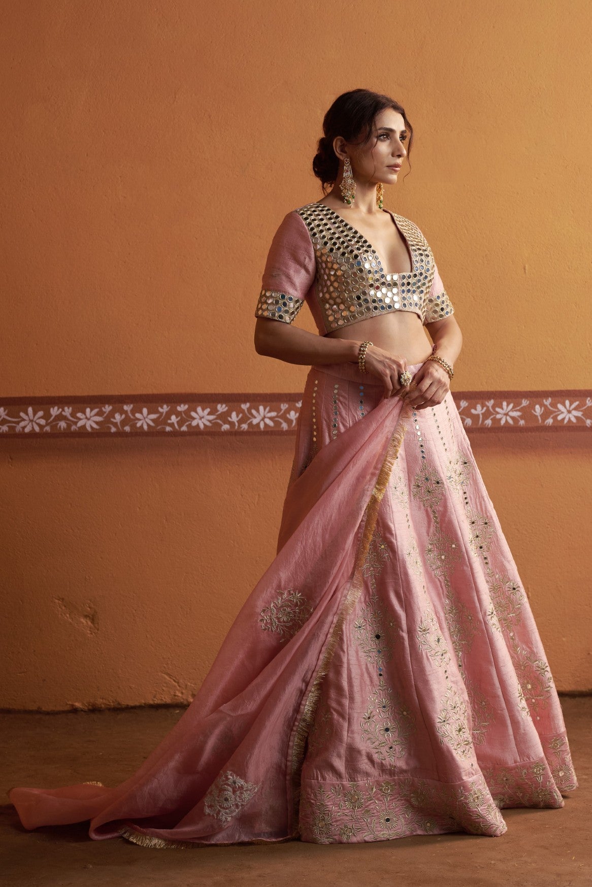 Kalidar blush pink hand embroidered lehenga with blouse and dupatta image 7