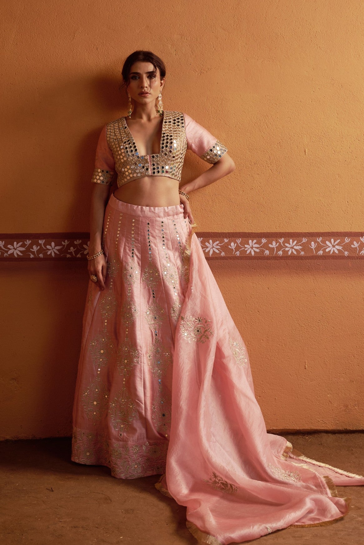 Kalidar blush pink hand embroidered lehenga with blouse and dupatta image 2