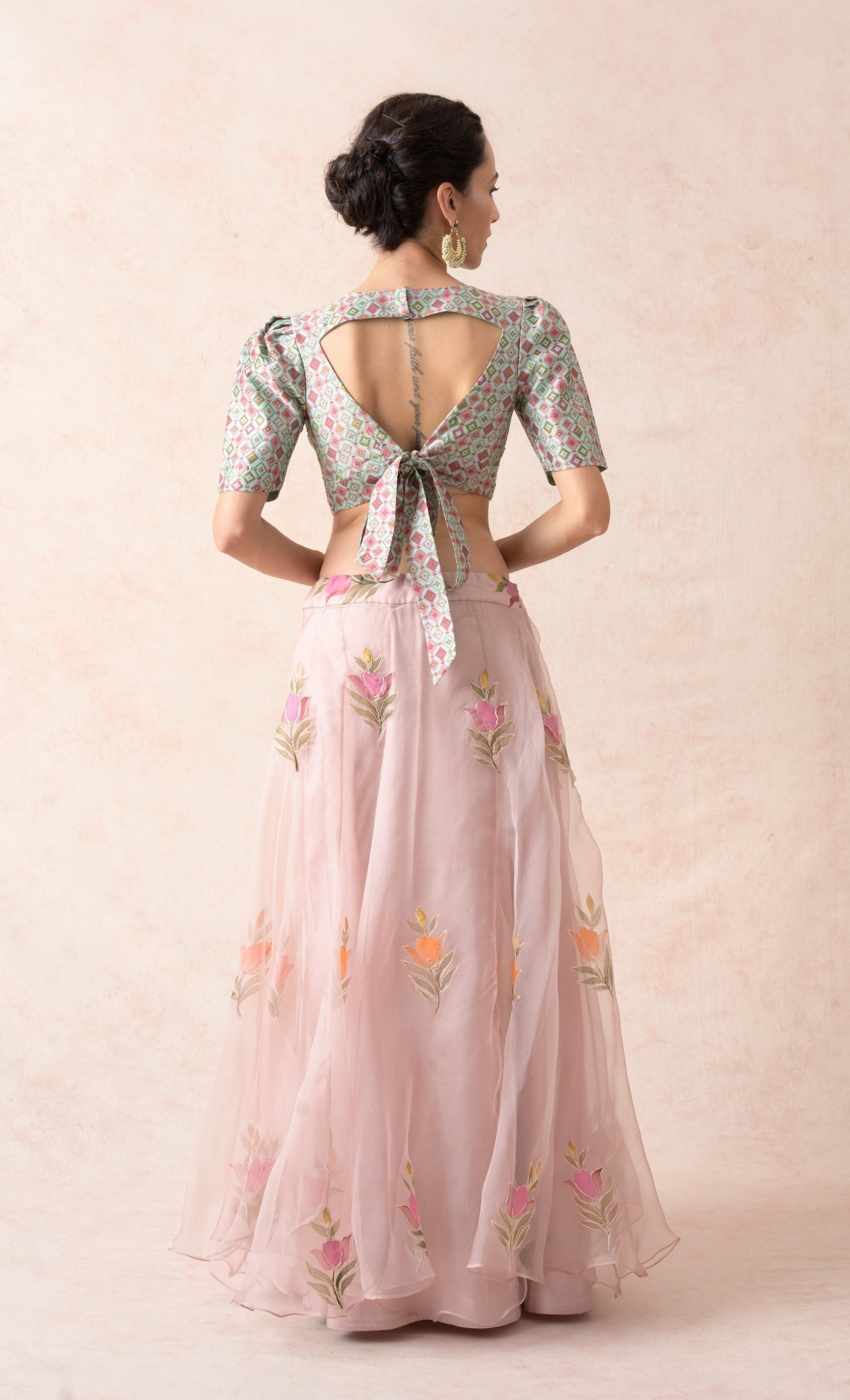 Embroidered blouse with organza lehenga, dupatta image 8