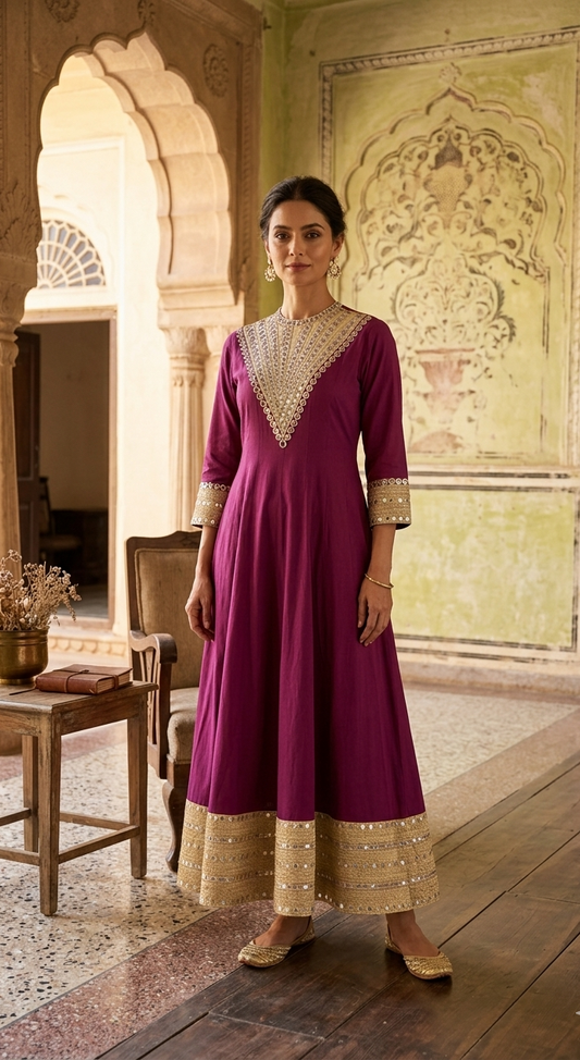 Hand embroidered yoke anarkali set in purple and lemon