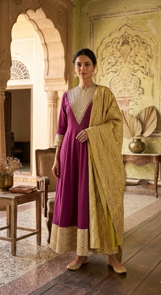 Hand embroidered yoke anarkali set in purple and lemon