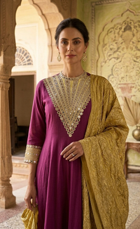 Purple & Lemon Hand-Embroidered Yoke Anarkali Set